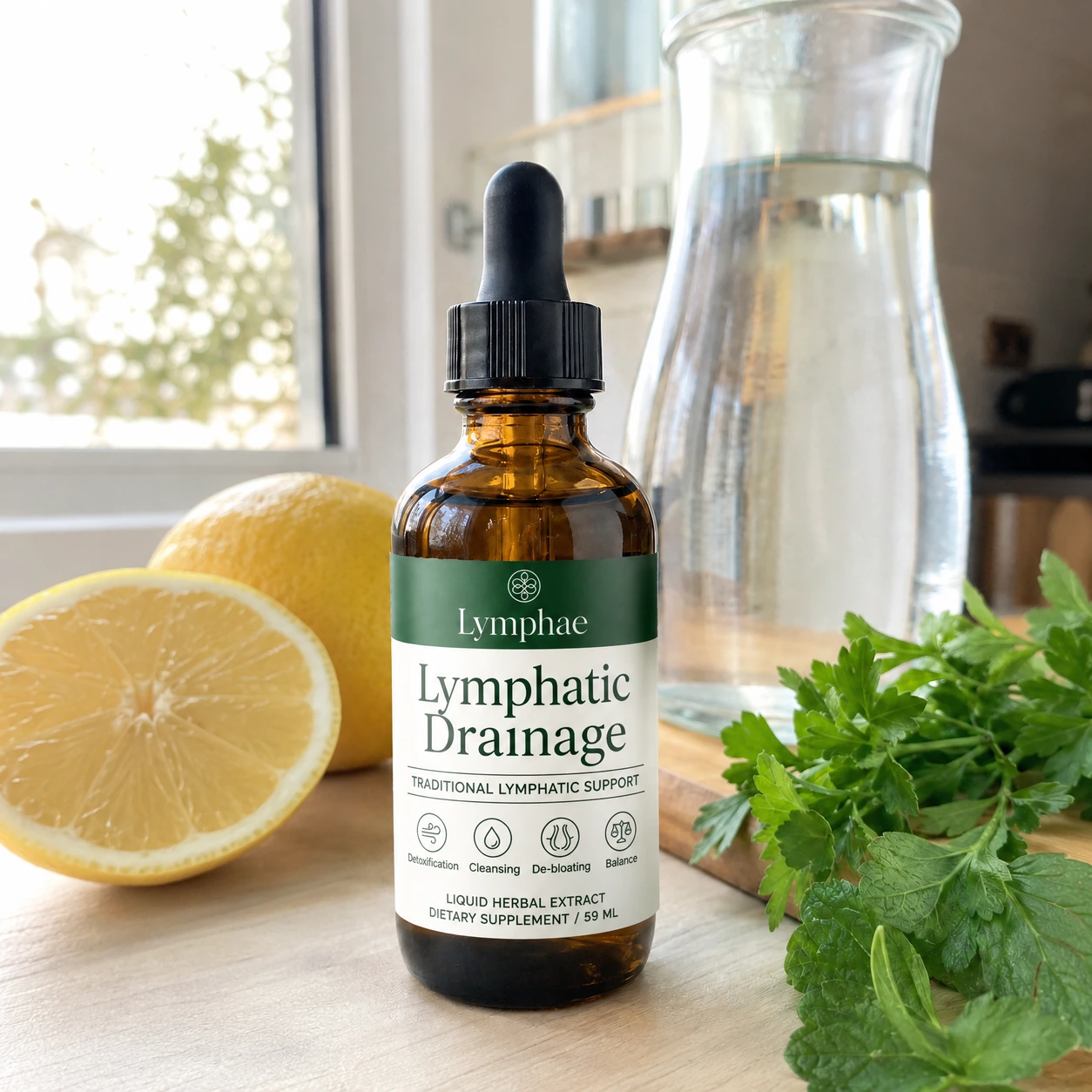 A 59ml bottle of Lymphae with a pipette